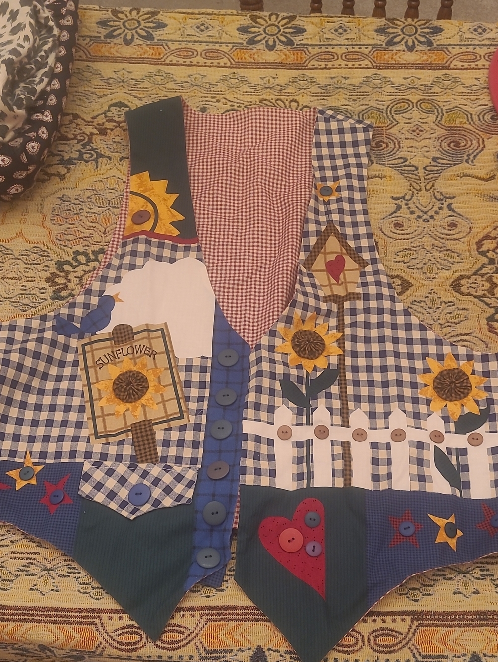 Women's Patchwork Sunflower Vest - Blue Gingham